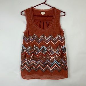 MEADOW RUE sleeveless beaded embroidered blouse rough hem in rust coral …